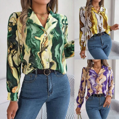 Damen Bluse Freizeithemd Tunika Hemd Knopf V-Ausschnitt Langarm Bedruckt」 ▽ - Bild 1 von 4