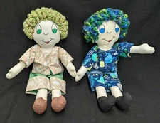 Lot of 2 Handmade Cloth Rag Dolls 16" Tall Blue Green Whales/Beige Green Safari