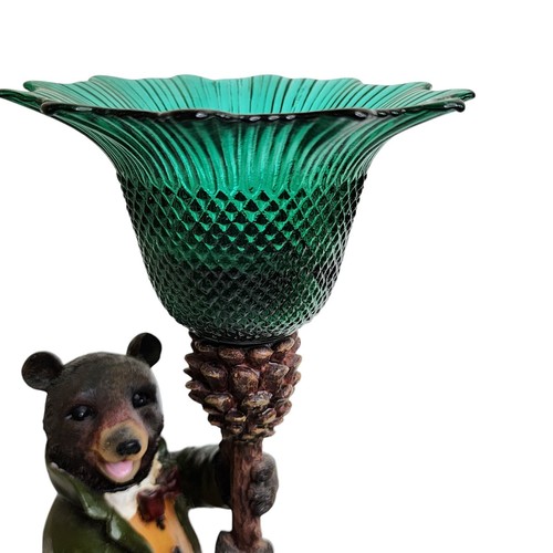 Vtg Pair 2 Bears Candlesticks Holders w Globes Fancy Dressed Bears Resin Cabin - Picture 16 of 24