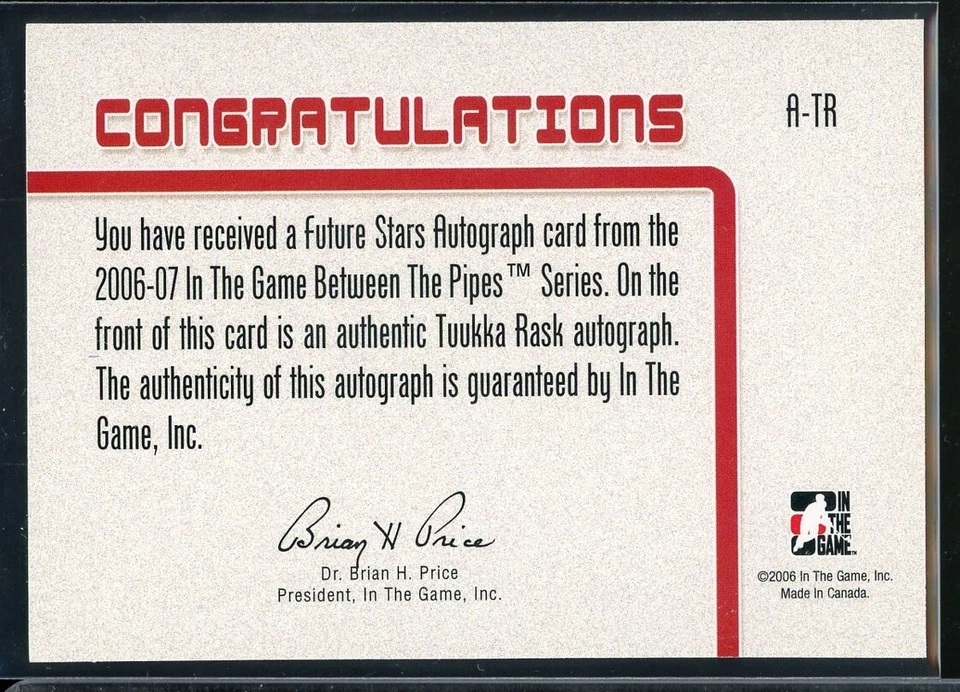 2006-07 ITG Between The Pipes Autographs #ATR Tuukka Rask - Image 2 of 2
