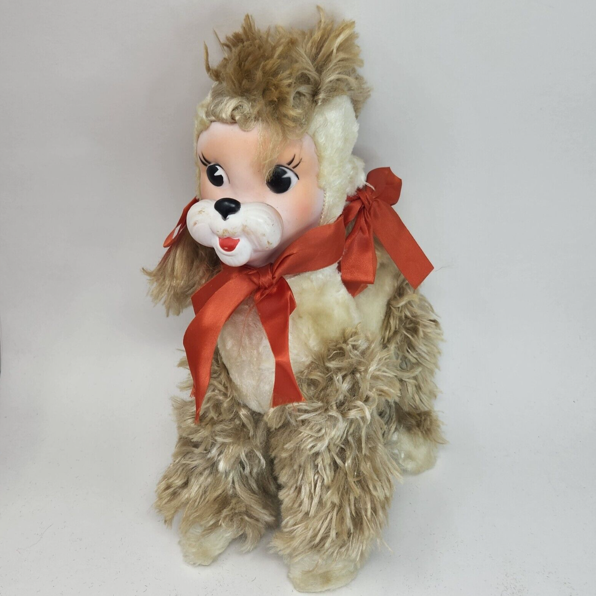 VINTAGE RUSHTON RUBBER FACE PUPPY DOG POODLE TAN WHITE STUFFED