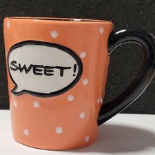 NEW Burton and Burton "SWEET" Coffee or Tea Mug Cup Orange White Polka Dots