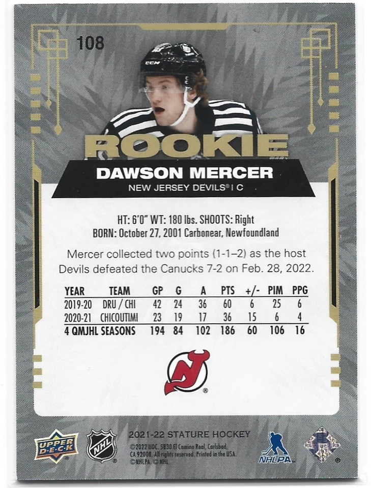 2021-22 Upper Deck Stature Dawson Mercer Photo Variant Rookie #108 99/99 - Image 2 of 4