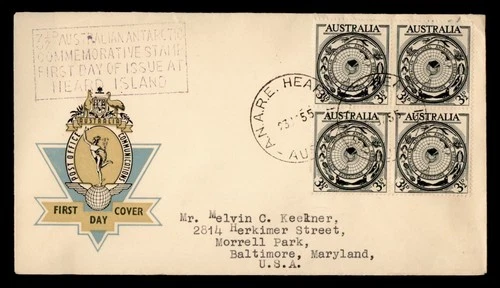 DR WHO 1955 AUSTRALIAN ANTARCTIC TERRITORY HEARD ISLANDS FDC BLOCK M63505