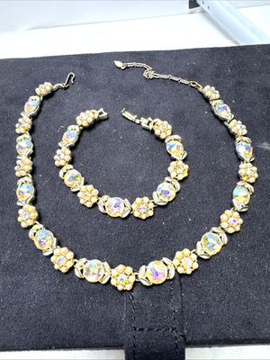 #ad Signed Kramer Necklace Bracelet Rare Set Faux Pearl Flowers AB Rhinestones READ $49.99