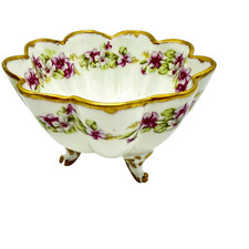 Antique Bawo Dotter Elite Works Limoges 3-Foot Scalloped Bowl Violets Gold Gilt