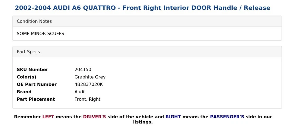 2002-2004 AUDI A6 QUATTRO - Front Right Interior DOOR Handle / Release - Image 4 of 4