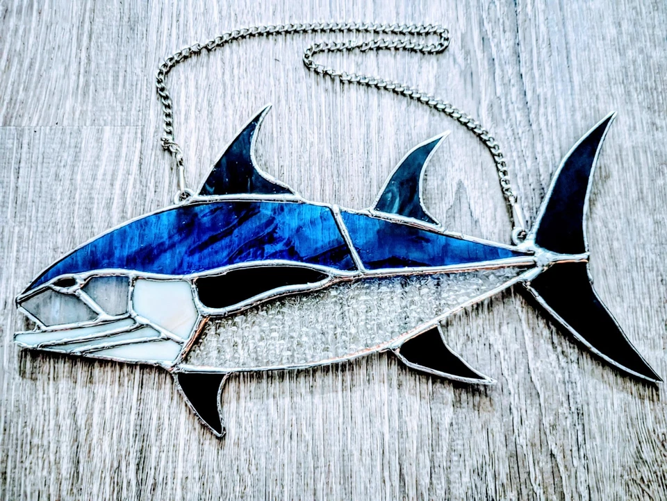 Stained Glass Blue Fin Tuna Fish, Fish Wall Or Window Art, 12W By 6H In Foto 4 de 4
