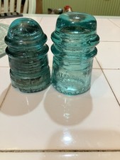 Pair of Aqua Glass Insulators Embossed Patent May 2 1893