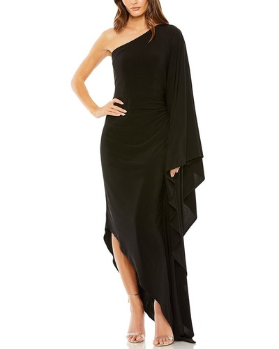 Mac Duggal One-Shoulder Ruched Detail Jersey Cape Sleeve Gown Women's Black Xs