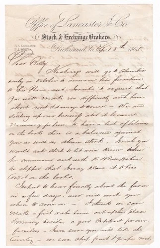 POST-CIVIL WAR SEPT 13 1865 LETTER ABOUT DAMAGES & MOVING FURNITURE RICHMOND VA