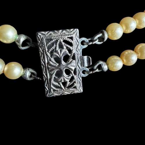 Vintage Sterling 925 Box Verschluss Faux Creme Perle Doppelstrang 14" Art Deco Halskette - Bild 4 von 18