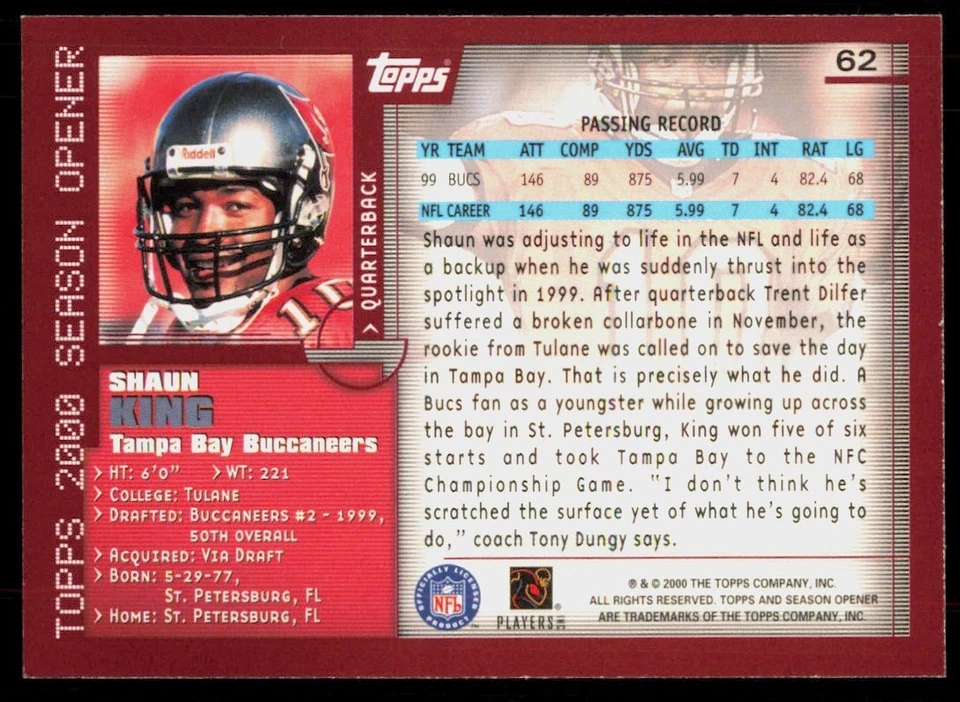 2000 Topps Season Opener Shaun King Tampa Bay Buccaneers #62 - Image 2 of 2