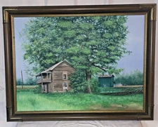 Oil Painting Landscape Green House Cabin Farmland Framed Original Canvas 21X27'