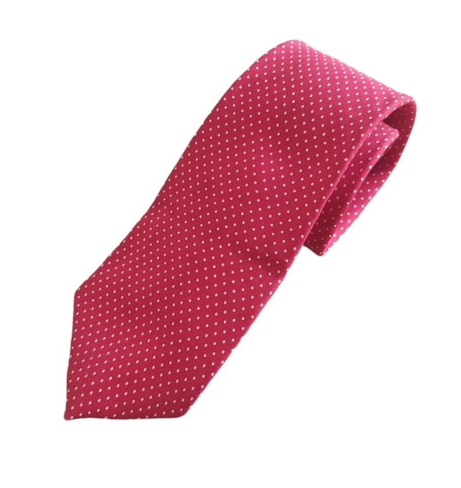 Corbata Hardy Amies London para hombre roja blanca lunares toda seda 57" de largo Foto 3 de 4