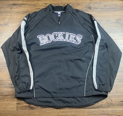 ウェア Majestic MLB COLORADO ROCKIES JACKET Majestic Coolbase Colorado Rockies 1/4 Zip Black Gray Mens XXL