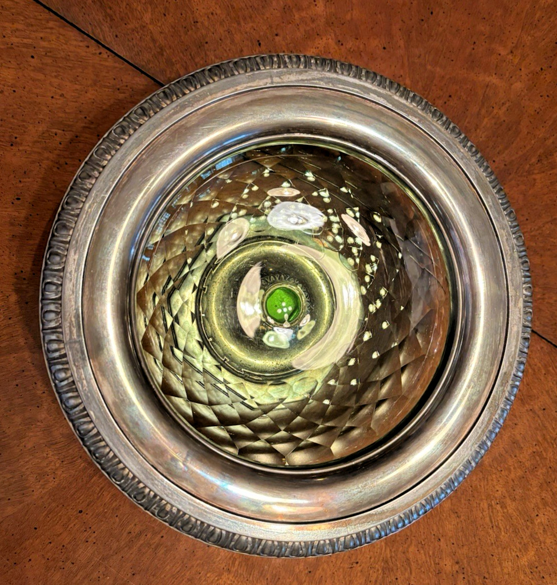 PAIRPOINT SILVER PLATE AND GREEN GLASS CENTERPIECE COMPOTE BOWL FOOTED 1920's