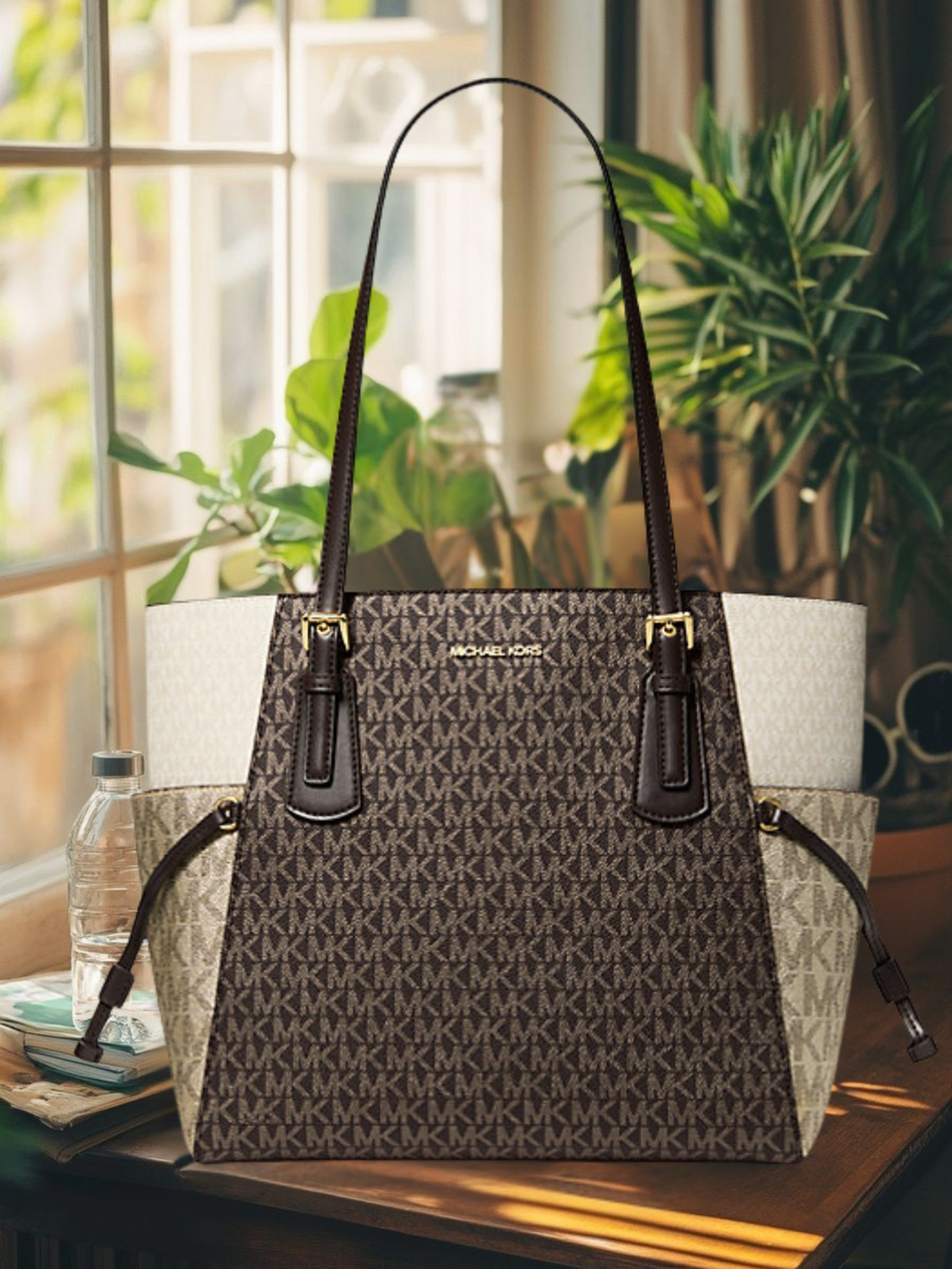 Michael Kors Voyager Large Metallic Color-Block MK Logo Tote