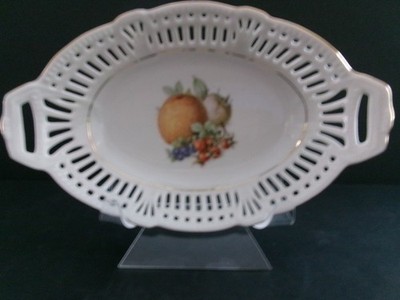 vtg Schwarzenhammer oval reticulated hand painted fruit design bread/candy dish