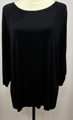 Chicos Travelers Black Top Liquid 3/4 Rouched Slv Gold Accent Travel Stretch XL