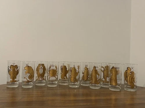 Anchor Hocking Zodiac Tumblers MCM 1960’s 22k Gold Design w black Vintage signs