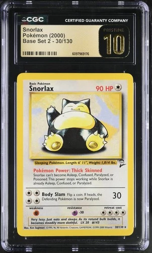 CGC 10 PRISTINE Snorlax 2000 Base Set 2 30/130 Pokemon Card