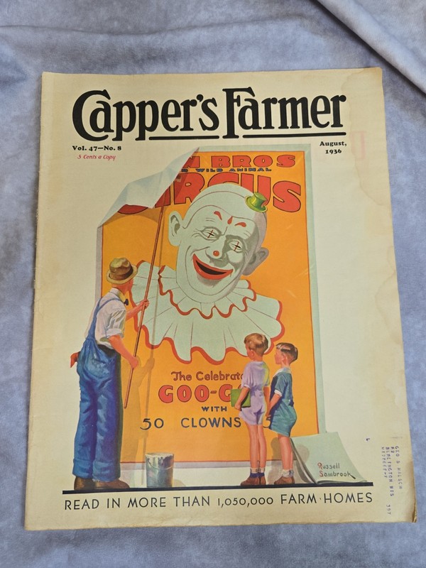 Vintage Capper's Farmer Magazine August 1936 Circus Clown Billboard Art Rare