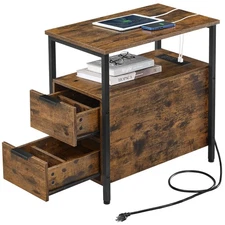 Side End Table with Charging Station, Slim Nightstand with 2 Drawers, Narrow ...