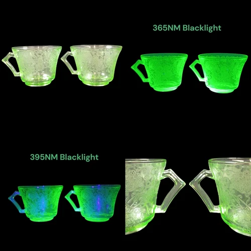 Set Of 2 Vintage Uranium Glass Cups Green Poppi Flowers Empressed Depression 30s