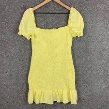 NEW ZARA Yellow Smocked Puff Sleeve Square Neck Mini Dress L
