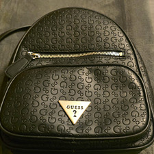 GUESS Black Logo-Embossed Zip Backpack Silver Hardware Front Zip Pocket