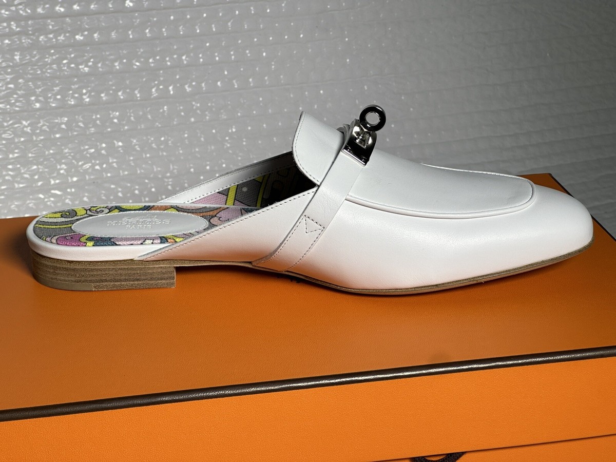 HERMÈS White Calfskin OZ KELLY MULES SLIPPERS Loafer shoes size 38