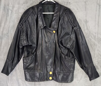 Echtes Leder Futter Jacket Womens 42 Black Leather Braided Distressed Vintage