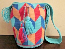 Bag Wayuu Mochila Bucket Boho Colombia Rioacha Blue Peach Coral Crochet New #61