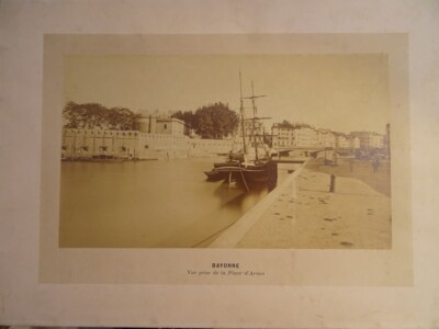 RARE OLD PHOTO BAYONNE BASQUE COUNTRY SQUARE D'ARMES ADOUR BOATS 1870 1880