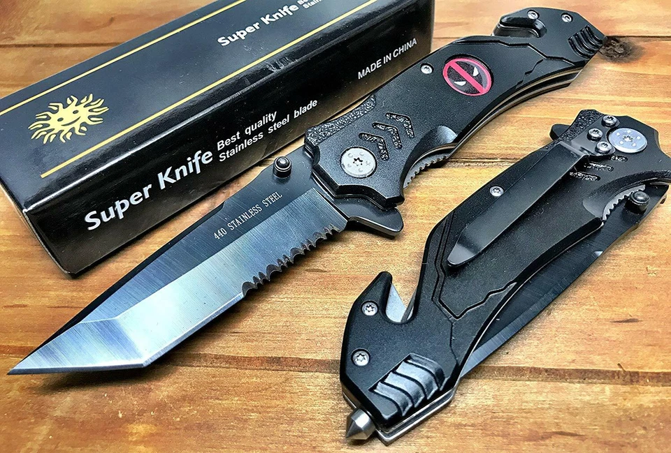 8.5" DeadPool Tactical Spring Assisted Pocket Knife With Cutter Custom Sword - Image 2 of 2