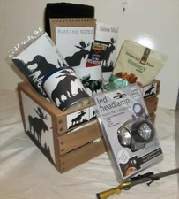 Black Moose Wood Crate Gift Basket Lodge Led Headlamp Men Hunters Rifle Pen Nuts