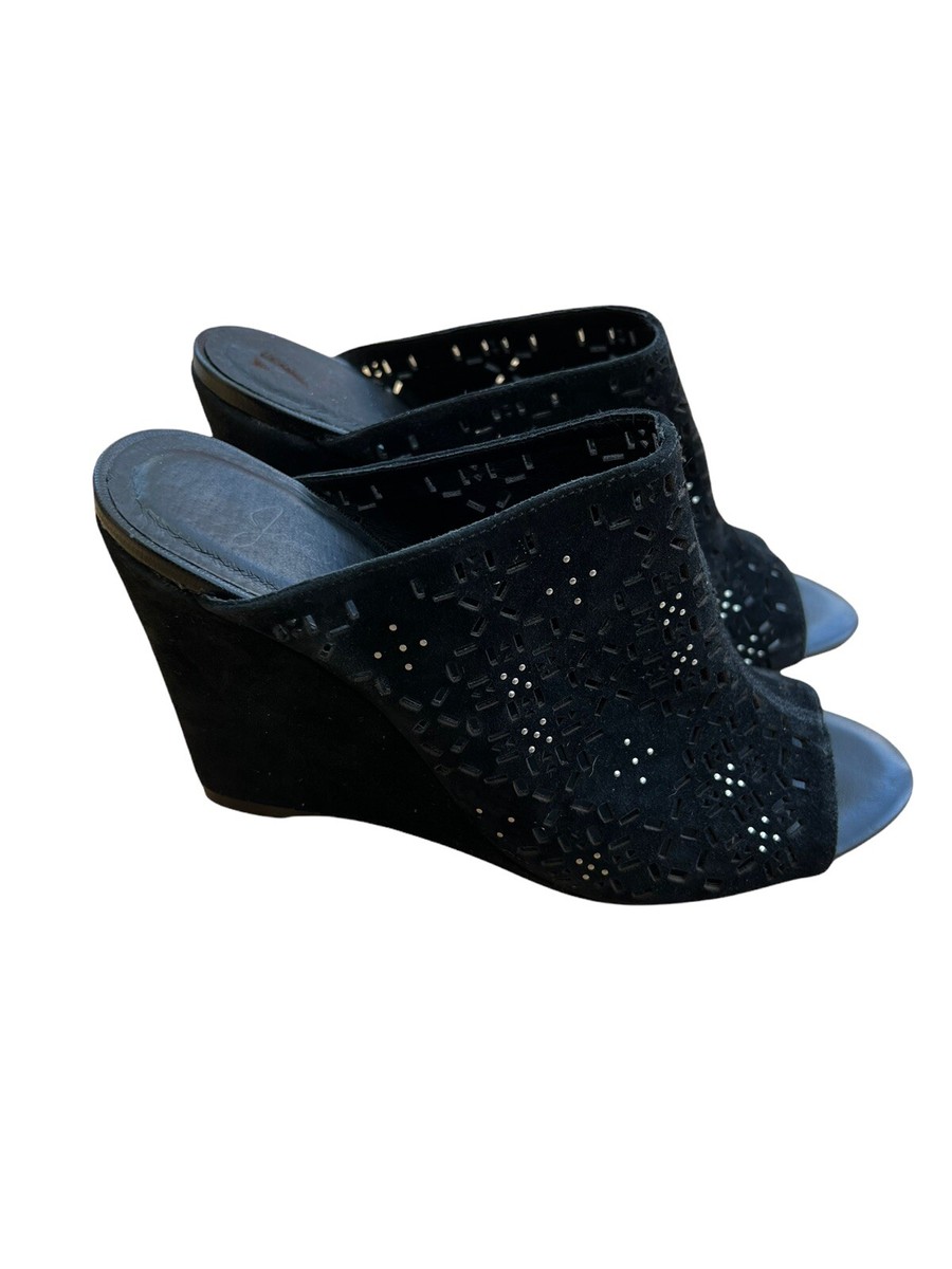 Joie • Kellie Perforated Wedge Mules Black suede embellished size