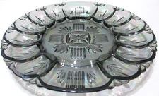 Vintage Federal Glass Deviled Egg Server Tray Plate Iridescent Smokey 10 3/4" D