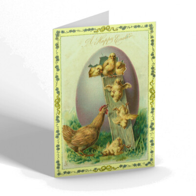 OSTERKARTE - Vintage Design - Hühneruhren Küken rutschen aus großem Ei herunter