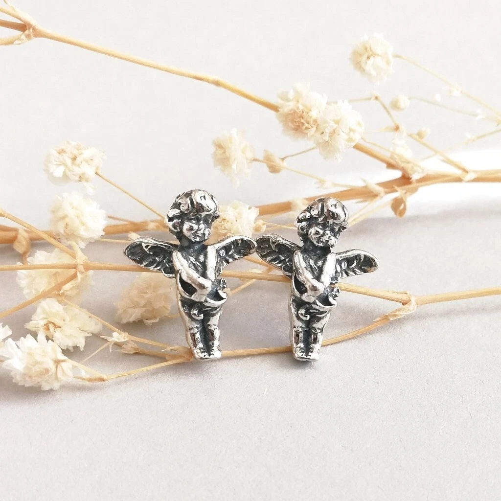 925 Sterling Silver Cherub Angel Screw Back Ball Stud Earrings