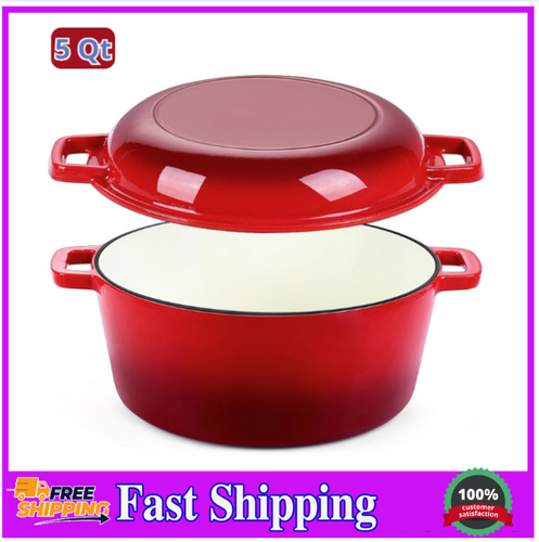 Red Enameled Dutch Oven Pot For Bread Baking P&P CHEF 2 In 1 Round 5Qt Cast Iron