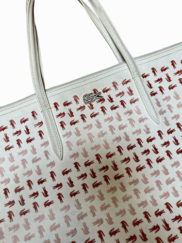 Lacoste Tote Beach Bag Zip Closure Red and White Logo Vinyl/Rubber tote - Picture 2 of 7