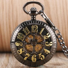 Men's Self Winding Mechanical Pocket Watch Hollow Arabic Numerals Design Black