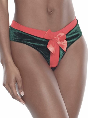 Green Velvet Present Panty Womens One Size OS Crotchless with Red Bow Underwear - Picture 2 of 5