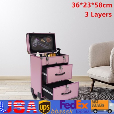 Rolling Makeup Train Case Cosmetic Professional Trolley Rings Storage Organizer