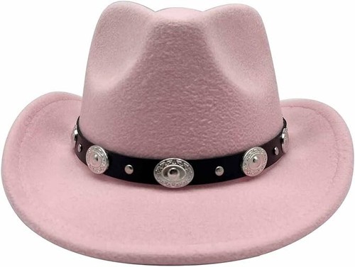 Light Pink Western Cowboy, Cowgirl Hat, Silver Strap, Women Retro Wide Brim - Picture 2 of 8