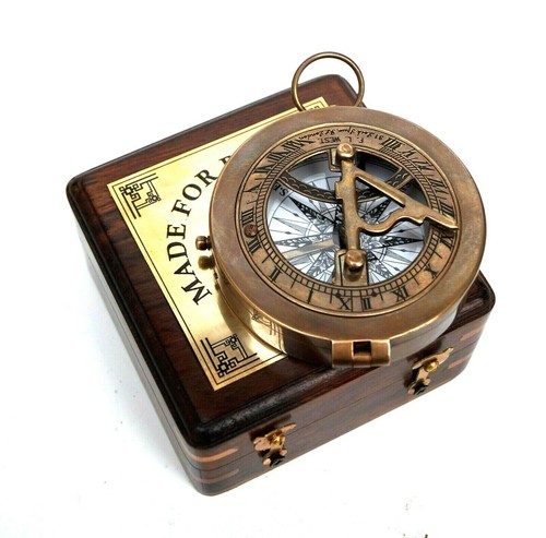 Sundial Compass Nautical Brass Antique 3" With Wooden Box Marine Christmas Gift - Picture 3 of 8