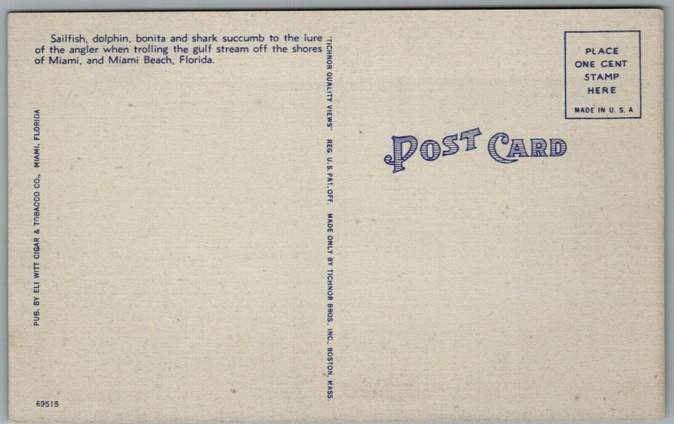 Postcard FL Hanging Sailfish Pier 5 Boats Dock View Miami Beach Florida