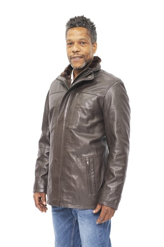 Abrigo chaqueta clásica de cuero marrón cálido de longitud media para hombre - Imagen 5 de 7